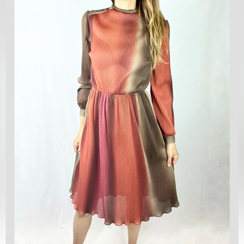 DOVANI OF DALLAS |✨VINTAGE!✨ Earth Tones Ombre Crinkled Long-Sleeved Midi Dress
